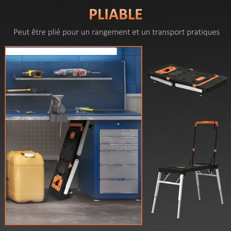 DURHAND Établi de travail, Plaforme de travail, Diable,Support de scie, Échafaudage, Marchepied, Chariot Pliable Multifonction 7 en 1 - Charge Max 150 kg