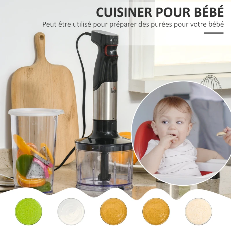 HOMCOM Mixeur Plongeant Multifonction 3 en 1 Vitesse réglable turbo1000 W - mélangeur à Main, hâchoir, Batteur - Acier INOX. ABS Noir