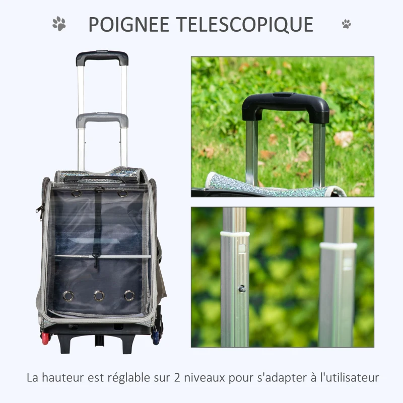 PawHut 2 en 1 trolley chariot sac à dos sac de transport à roulettes pour chat chariot panier à roulette porte transparente longueur de tige de traction réglable 34 x 30 x 54 cm gris