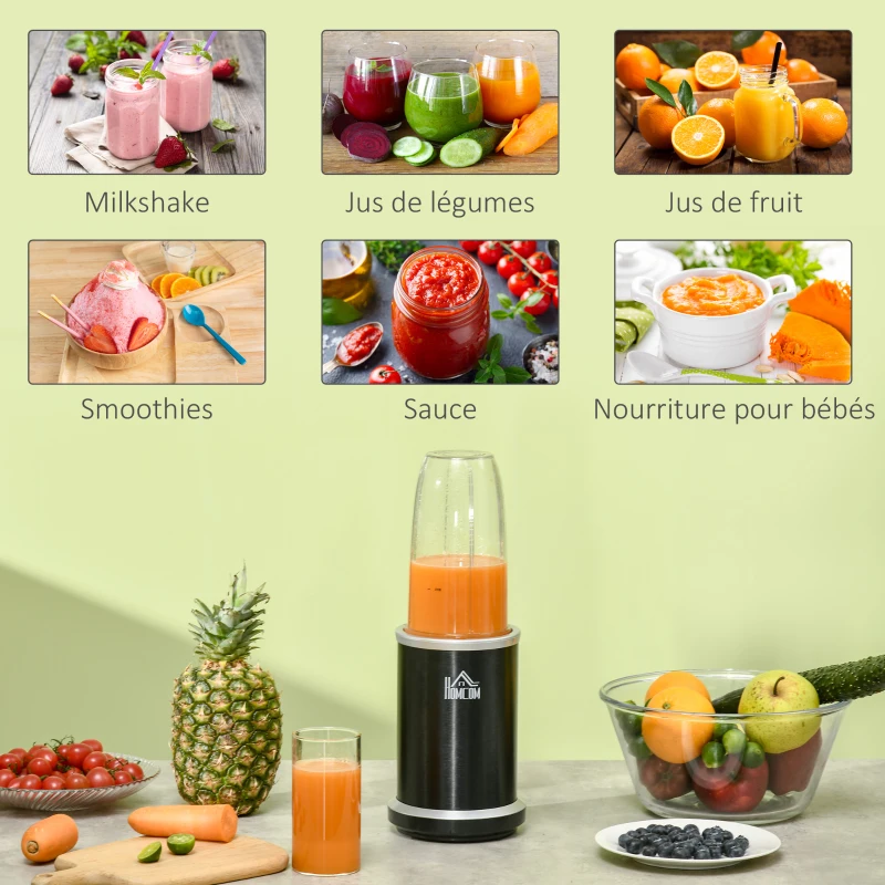 HOMCOM Blender compact 2 en 1 - 1000 W avec 2 bols amovibles 700ml et 350ml et couvercles