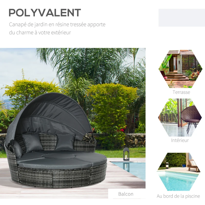 Outsunny Bain de soleil chaise longue salon de jardin exterieur modulable en résine tressée avec pare soleil pliable 5 coussins 3 oreillers 175l x 180P x 147H cm gris