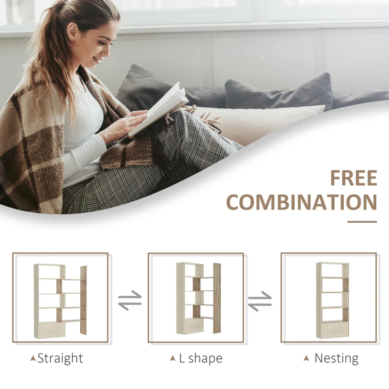 HOMCOM Librarie Rastel cu Rafturi pentru Salon in Lemn 141 x 29 x 176 cm Alb, Stejar