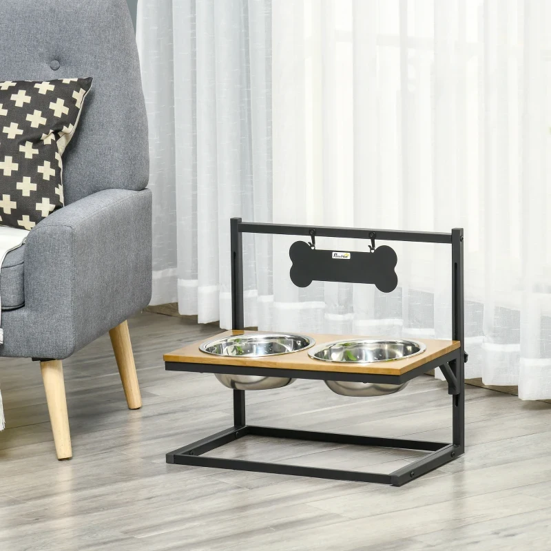 PawHut Comedouro para Cães Elevado com Altura Ajustável com 2 Tigelas de Aço Inoxidável Alimentador de Água e Comida para Animais de Estimação 58x32x50cm Preto e Carvalho