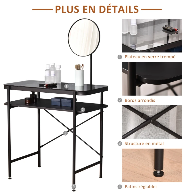HOMCOM Coiffeuse Design Contemporain Table de Maquillage Plateau Verre trempé étagère Miroir pivotant métal Noir