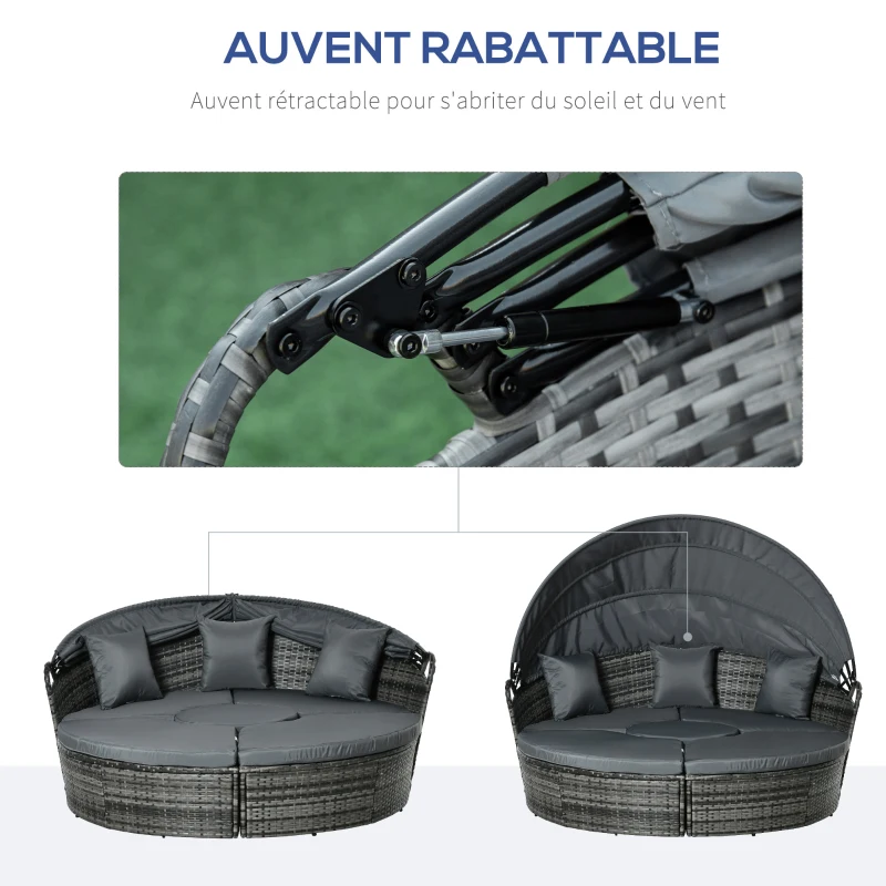 Outsunny Bain de soleil chaise longue salon de jardin exterieur modulable en résine tressée avec pare soleil pliable 5 coussins 3 oreillers 175l x 180P x 147H cm gris