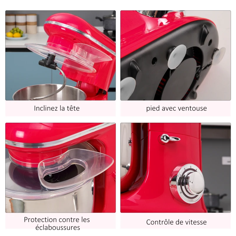 HOMCOM Robot patissier multifonctions 1200W - robot cuisine capacité XL 5,5L - 6 vitesses - batteur, couvercle anti-projections, crochet pétrisseur - transmission directe - acier inox. ABS rouge