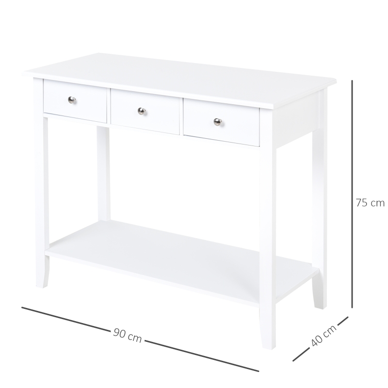 HOMCOM Masa Consola cu 3 Sertare pentru Intrare si Living din lemn de pin, 100x30.5x80cm Culoarea Alba