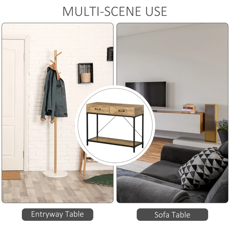 Homcom Masa Consola Vintage – Lemn & Metal cu Sertare & Raft