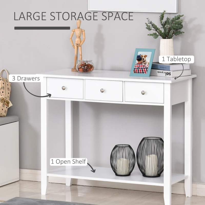 HOMCOM Masa Consola cu 3 Sertare pentru Intrare si Living din lemn de pin, 100x30.5x80cm Culoarea Alba