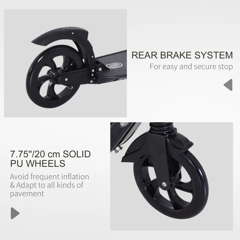 HOMCOM Folding Kick Scooter Hight-Adjustable Urban Scooter w/ Rear Brake, Double Shock Absorption System & 2 Big Wheels, For 14+ Teens Adult, Black