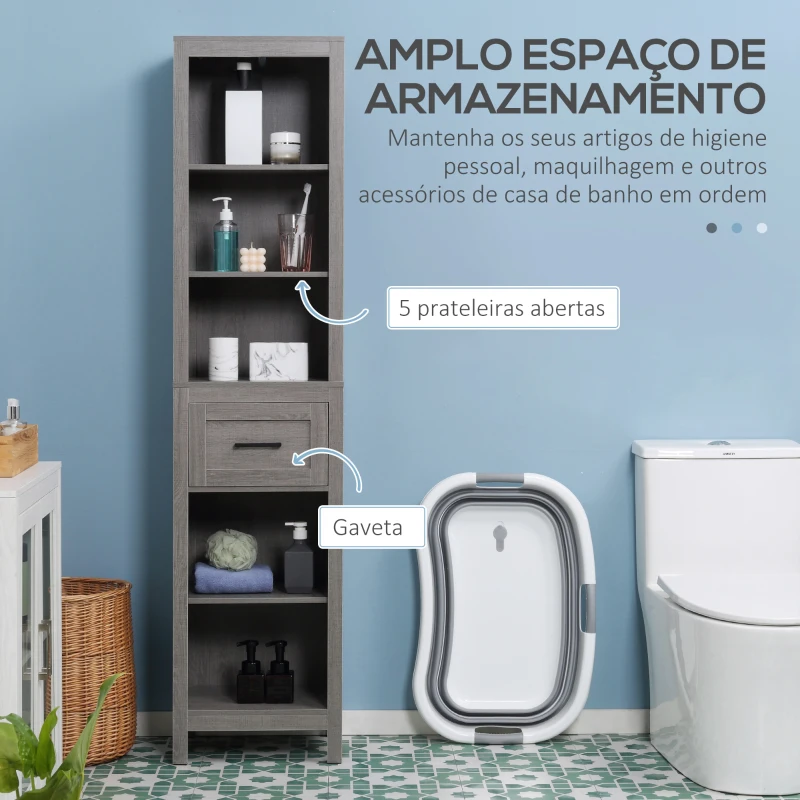 kleankin Coluna Casa de Banho com 1 Gaveta e Prateleiras Abertas Móvel Auxiliar de Armazenamento Anti-Tombo 42x30x170cm Cinza