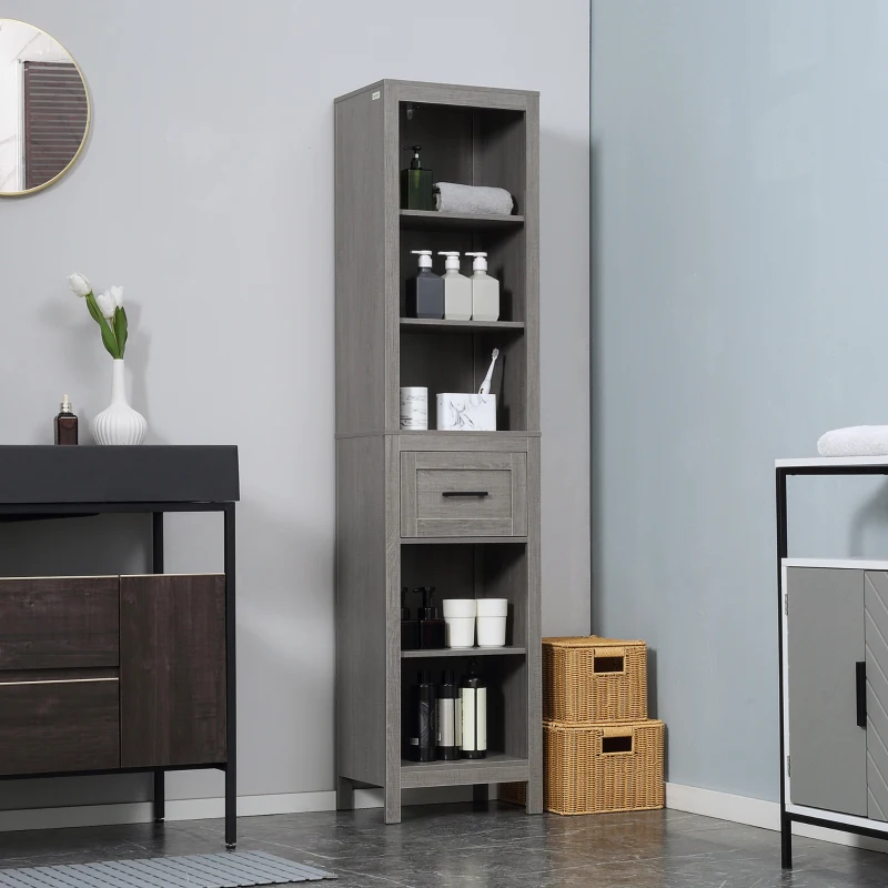 kleankin Coluna Casa de Banho com 1 Gaveta e Prateleiras Abertas Móvel Auxiliar de Armazenamento Anti-Tombo 42x30x170cm Cinza