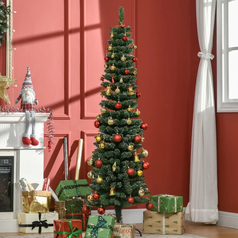 HOMCOM 5.5FT Artificial Snow Dipped Christmas Tree Xmas Pencil Tree Holiday Home Indoor Decoration with Foldable Black Stand, Green