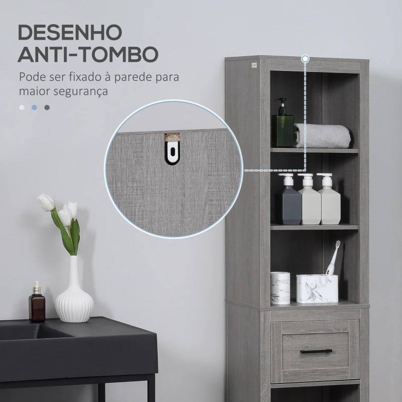 kleankin Coluna Casa de Banho com 1 Gaveta e Prateleiras Abertas Móvel Auxiliar de Armazenamento Anti-Tombo 42x30x170cm Cinza