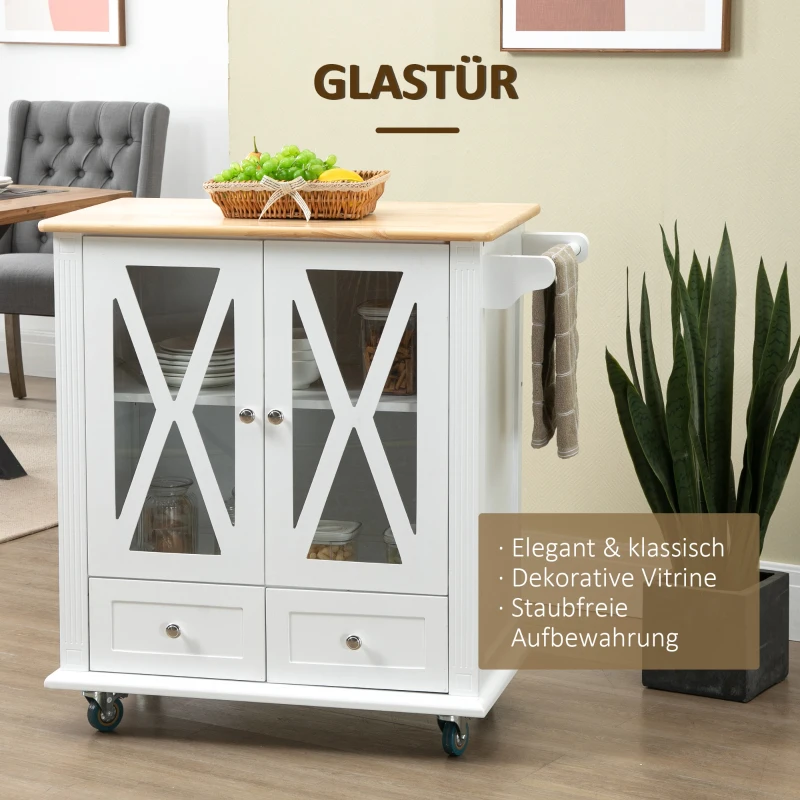 HOMCOM Küchenwagen Servierwagen Küchentrolley mit Rollen und Handtuchhalter Rollwagen im Landhausstil für Küche Esszimmer MDF Natur+Weiß 80 x 45 x 92 cm