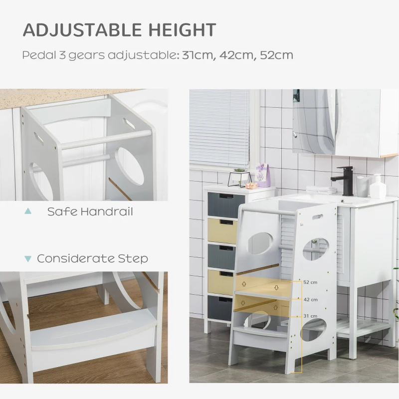 HOMCOM Kids Step Stool Toddler Kitchen Stool with Adjustable Standing Platform, Grey