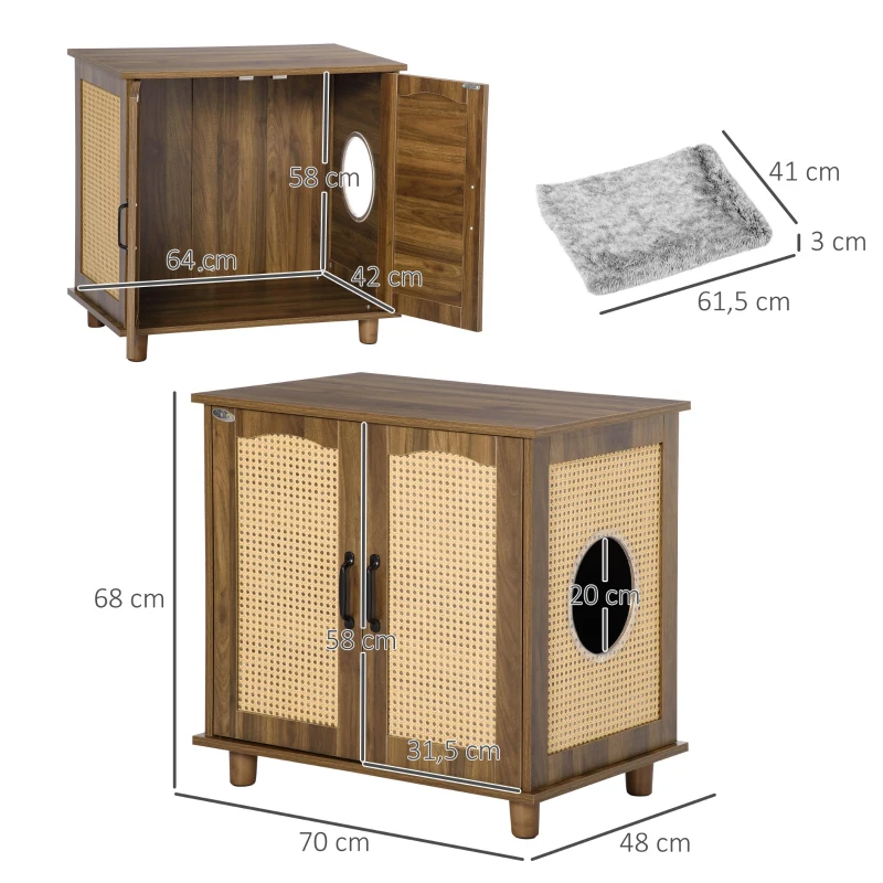 PawHut Katzenschrank für Katzentoilette Katzenklo Katzenhaus mit Magnettüren Katzenkommode Schrank PE-Rattan Walnuss 70 x 48 x 68 cm