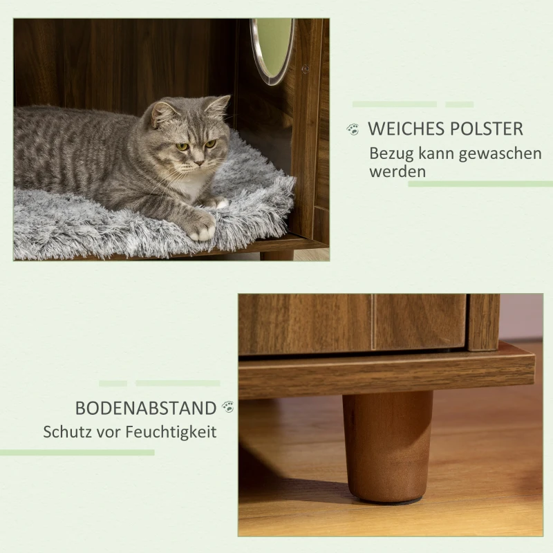 PawHut Katzenschrank für Katzentoilette Katzenklo Katzenhaus mit Magnettüren Katzenkommode Schrank PE-Rattan Walnuss 70 x 48 x 68 cm