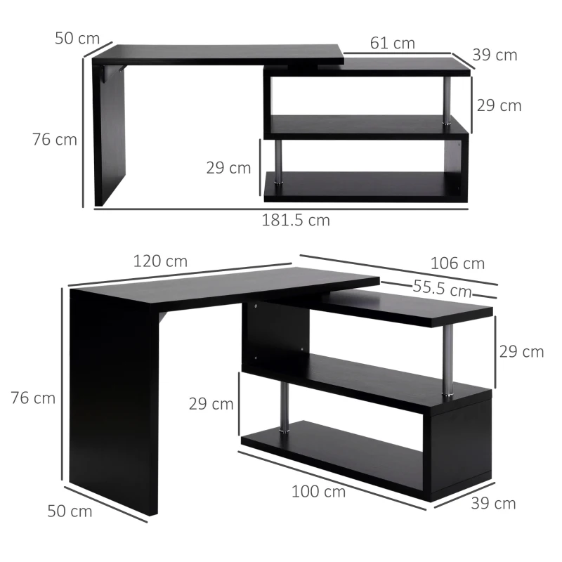 HOMCOM Birou pe colt pentru Computer cu Rafturi in Lemn, Negru, 120x106x75cm