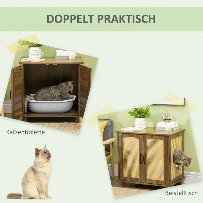 PawHut Katzenschrank für Katzentoilette Katzenklo Katzenhaus mit Magnettüren Katzenkommode Schrank PE-Rattan Walnuss 70 x 48 x 68 cm