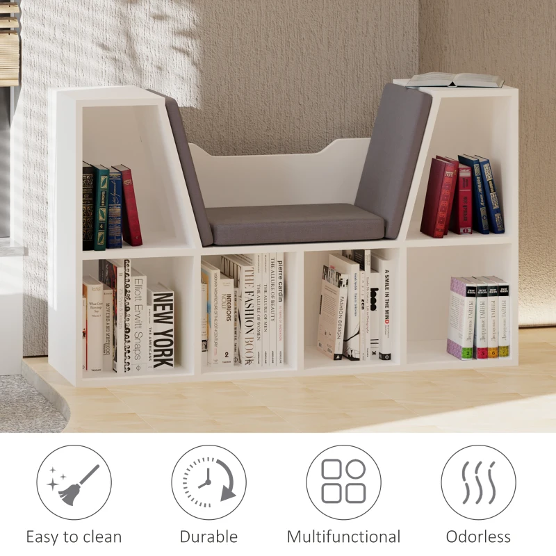 HOMCOM Bookcase Storage Shelf with Cushioned Reading Seat, Cube Bookshelf Organizer for Bedroom Living Room, White