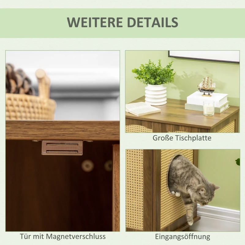 PawHut Katzenschrank für Katzentoilette Katzenklo Katzenhaus mit Magnettüren Katzenkommode Schrank PE-Rattan Walnuss 70 x 48 x 68 cm