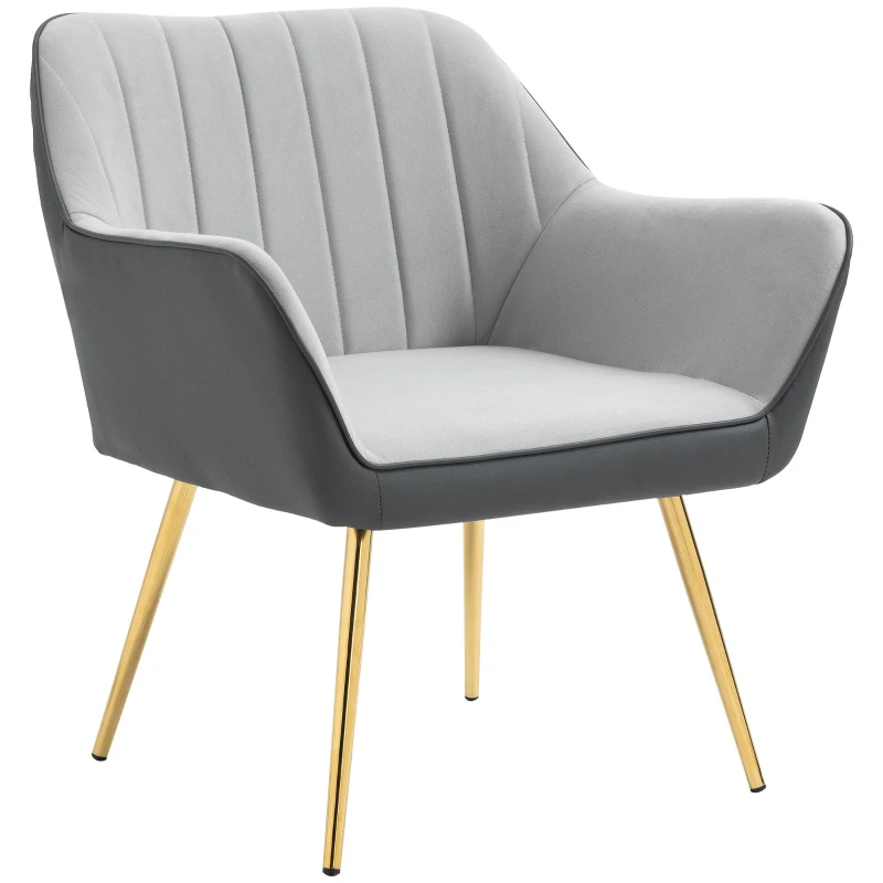 HOMCOM Velvet Armchairs, Upholstered Accent Chairs with Golden Steel Legs, Modern Vanity Chairs for Living Room and Bedroom, Light Grey