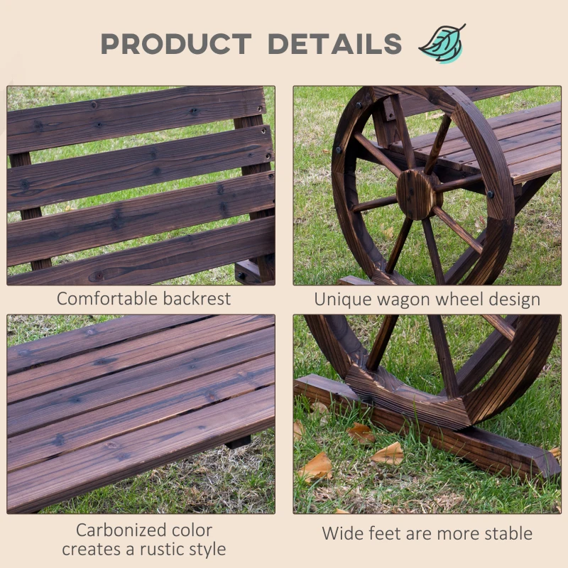 Outsunny Wooden Cart Wagon Wheel 2 Seater Garden Bench Outdoor Garden Armrest Chair Rustic High Back Loveseat