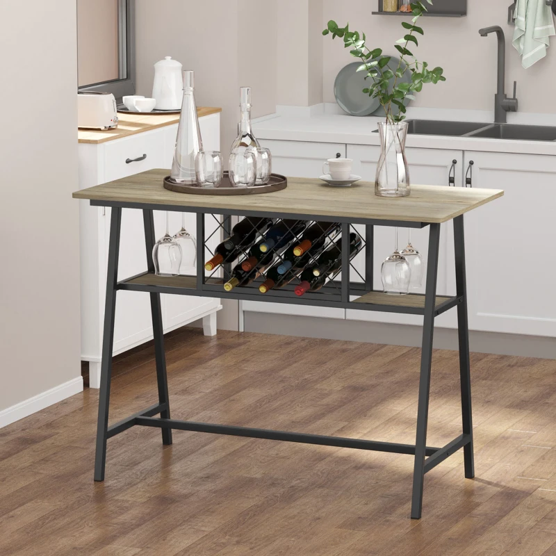 HOMCOM Masa de bar industriala pentru 10 sticle din PAL si otel pentru bucatarie, sufragerie si living, 120x60x91 cm, culoare negru si lemn
