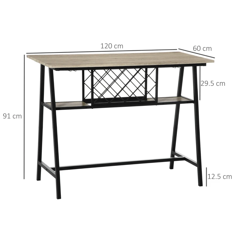 HOMCOM Masa de bar industriala pentru 10 sticle din PAL si otel pentru bucatarie, sufragerie si living, 120x60x91 cm, culoare negru si lemn