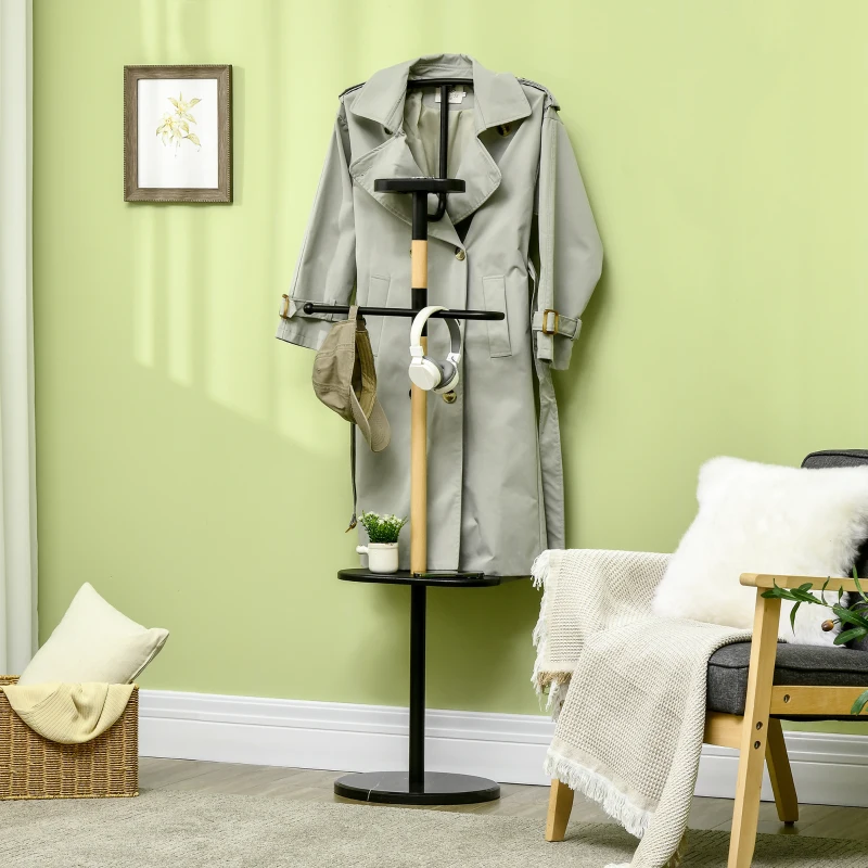 HOMCOM Suport de haine din lemn si otel cu rafturi, bara si cuier, 46x35x152cm, negru