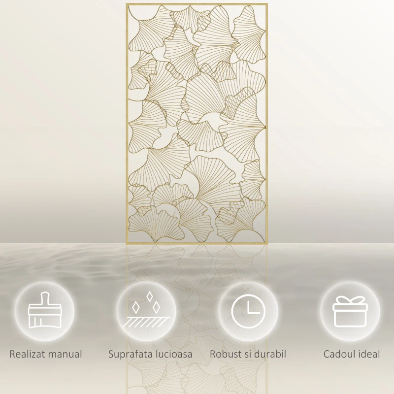 HOMCOM Decor de perete metalic 3D, decoratiune de perete aurie cu cadru dreptunghiular si frunze de ginkgo, 50 x 85 cm