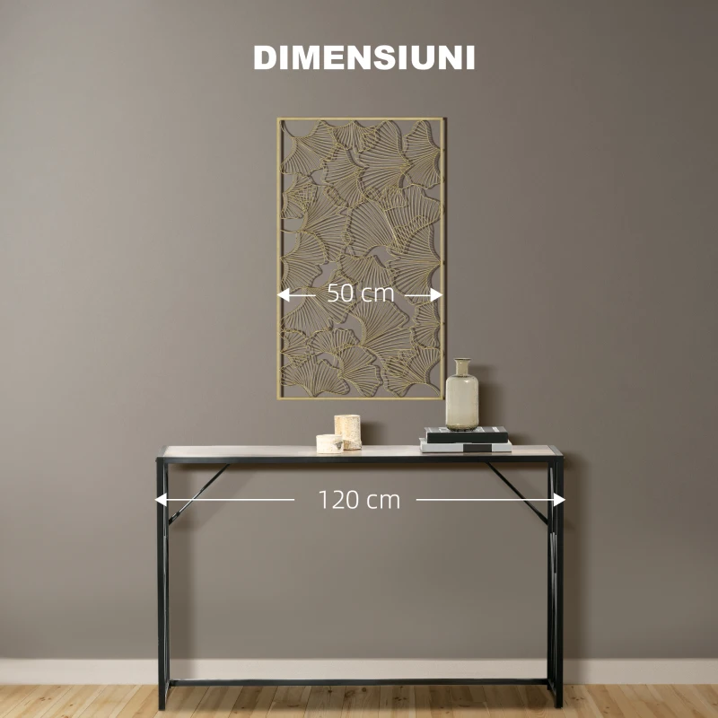 HOMCOM Decor de perete metalic 3D, decoratiune de perete aurie cu cadru dreptunghiular si frunze de ginkgo, 50 x 85 cm