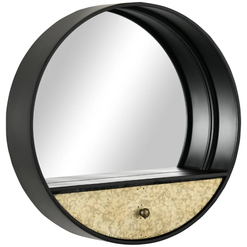 HOMCOM Oglinda de perete rotunda Ø61cm, oglinda decorativa cu sertar si cadru din metal si MDF, negru