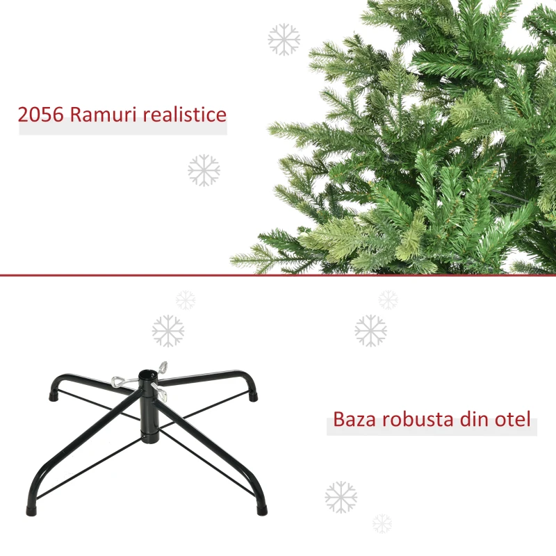HOMCOM Brad de Craciun decorat si ignifug pentru interior cu 2056 de ramuri si baza metalica, PE si PVC, Φ124x228 cm, verde