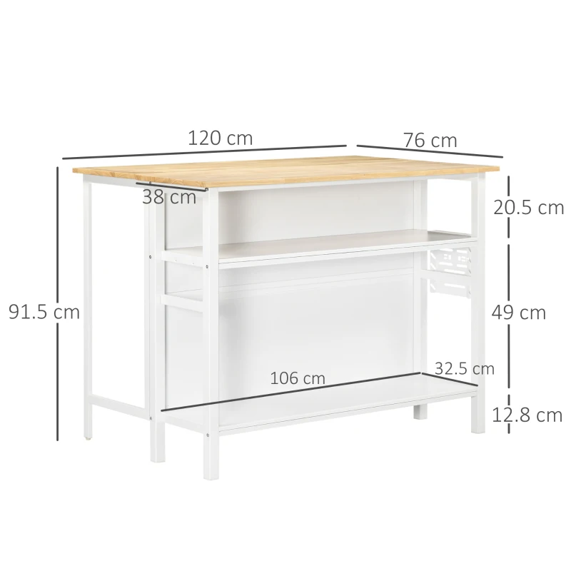HOMCOM Insula Bucatarie 120×76×91,5 cm – Blat Pliabil, Lemn & Otel(m-3)