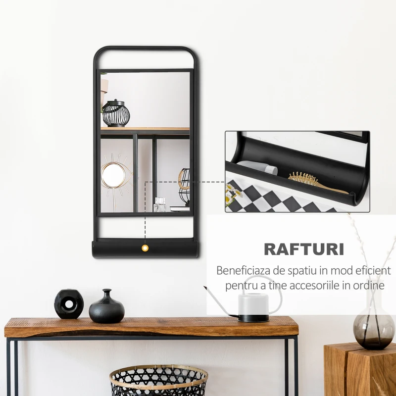 HOMCOM Oglinda de perete cu raft inferior si cadru metalic, oglinda pentru baie si dormitor, 36,2x12x71,7cm, negru