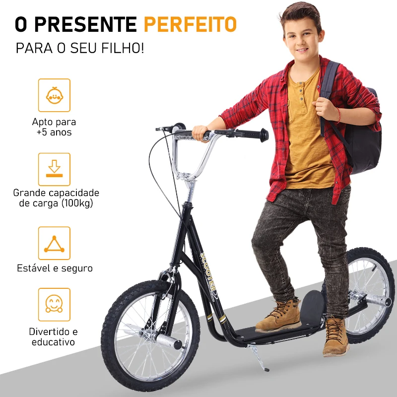 HOMCOM Trotinetă pentru Copii 5+, Trotineta cu roti mari de 16" si inaltime reglabila, frane si suport, negru