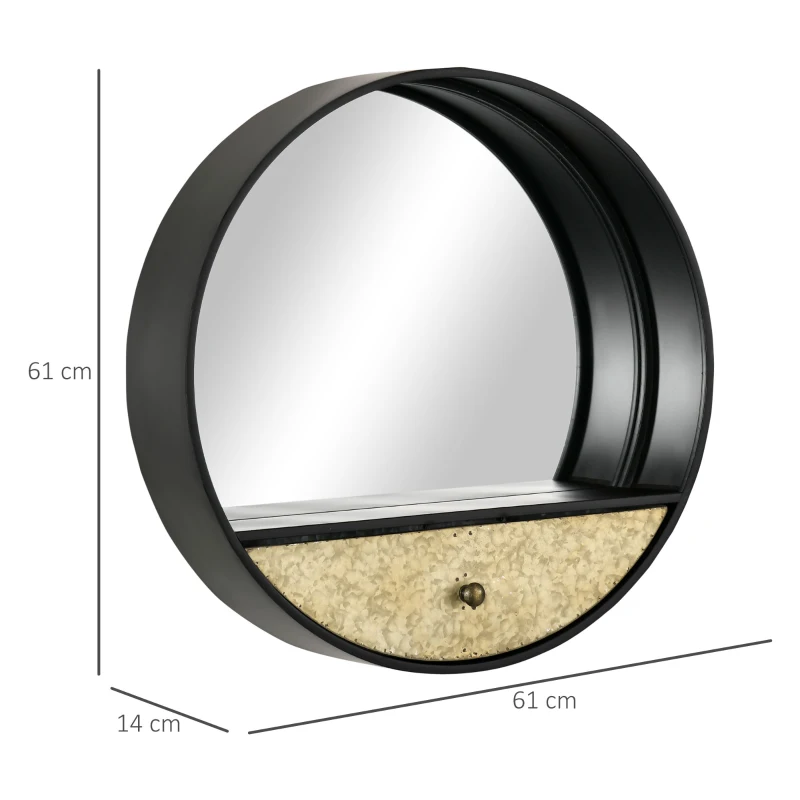 HOMCOM Oglinda de perete rotunda Ø61cm, oglinda decorativa cu sertar si cadru din metal si MDF, negru