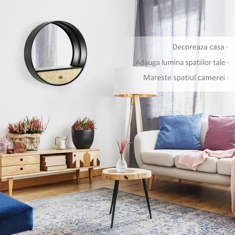 HOMCOM Oglinda de perete rotunda Ø61cm, oglinda decorativa cu sertar si cadru din metal si MDF, negru