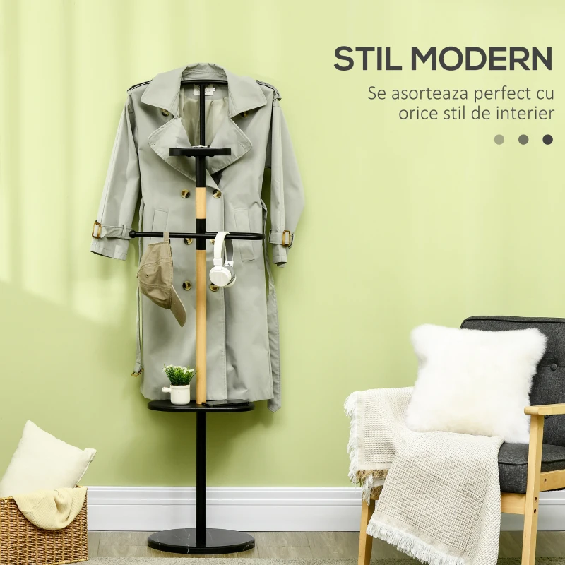 HOMCOM Suport de haine din lemn si otel cu rafturi, bara si cuier, 46x35x152cm, negru