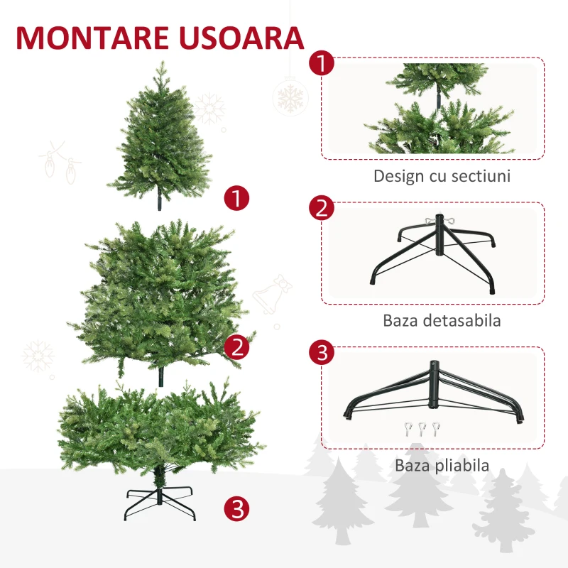 HOMCOM Brad de Craciun decorat si ignifug pentru interior cu 2056 de ramuri si baza metalica, PE si PVC, Φ124x228 cm, verde