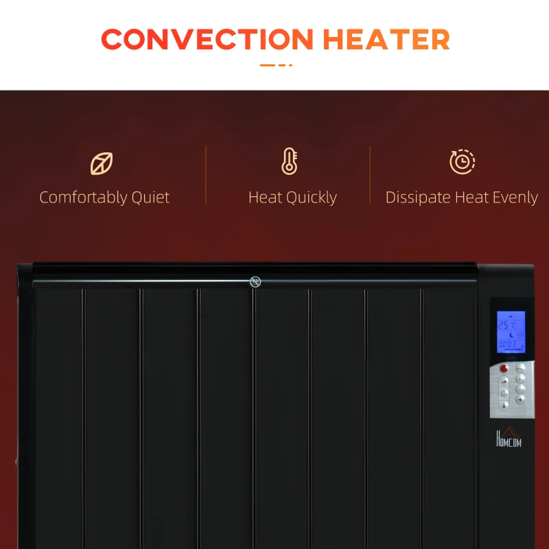 HOMCOM Convector Radiator Heater, Quiet Panel Heater, Freestanding or Wall-mounted Portable Electric Heater with Window Opening Detection, Week Timer, Remote Control, Safety Cut-Off, Black