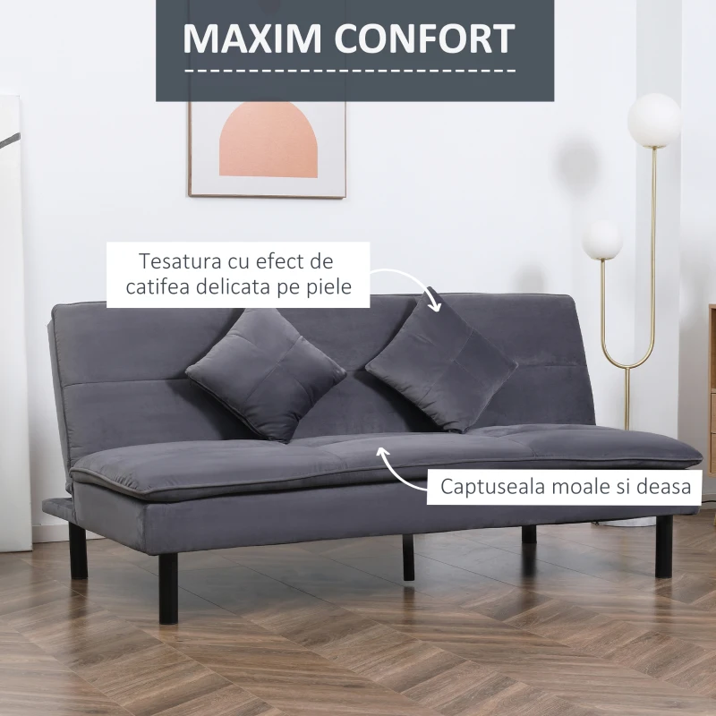 HOMCOM Canapea extensibila cu 3 locuri cu spatar reglabil pe 2 niveluri si scaun tapitat, efect de catifea gri