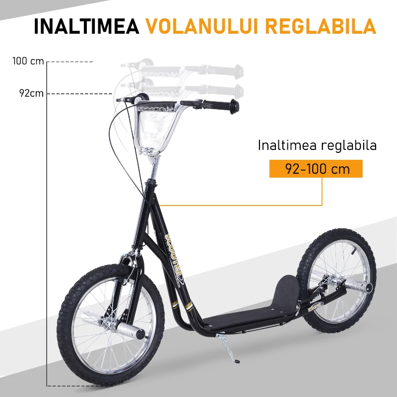 HOMCOM Trotinetă pentru Copii 5+, Trotineta cu roti mari de 16" si inaltime reglabila, frane si suport, negru