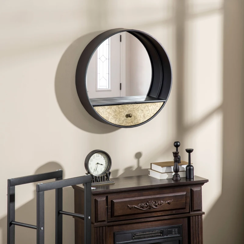 HOMCOM Oglinda de perete rotunda Ø61cm, oglinda decorativa cu sertar si cadru din metal si MDF, negru