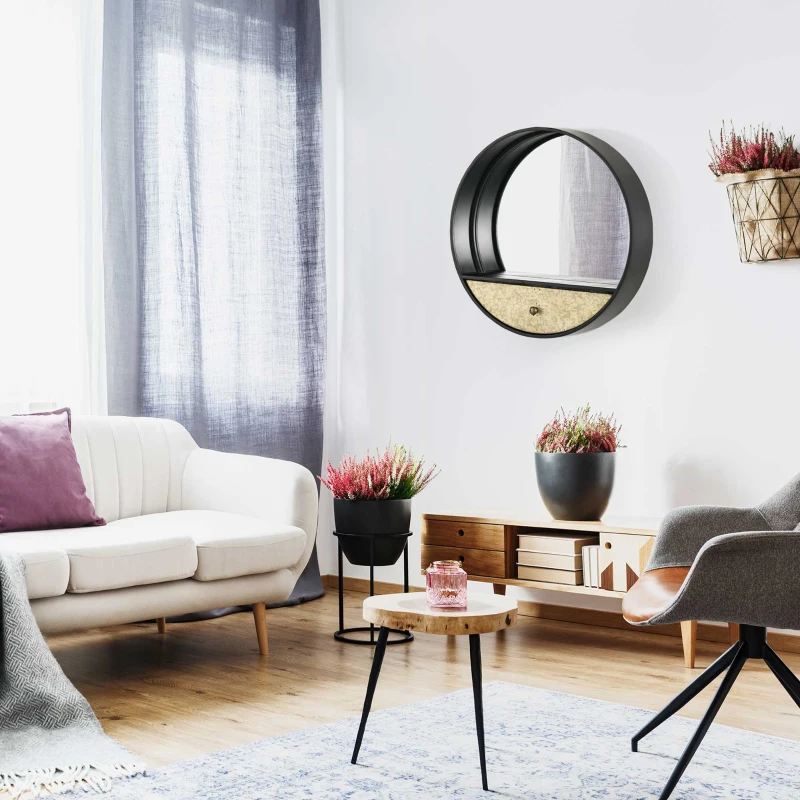 HOMCOM Oglinda de perete rotunda Ø61cm, oglinda decorativa cu sertar si cadru din metal si MDF, negru