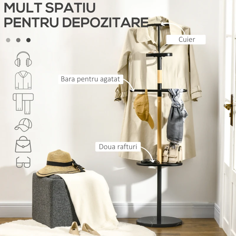 HOMCOM Suport de haine din lemn si otel cu rafturi, bara si cuier, 46x35x152cm, negru