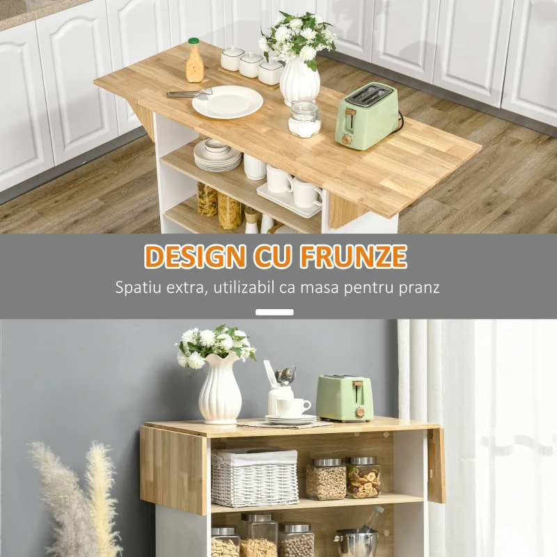 HOMCOM Insula moderna de bucatarie cu 3 rafturi si suprafata din lemn si PAL, 140x55x91cm, alb