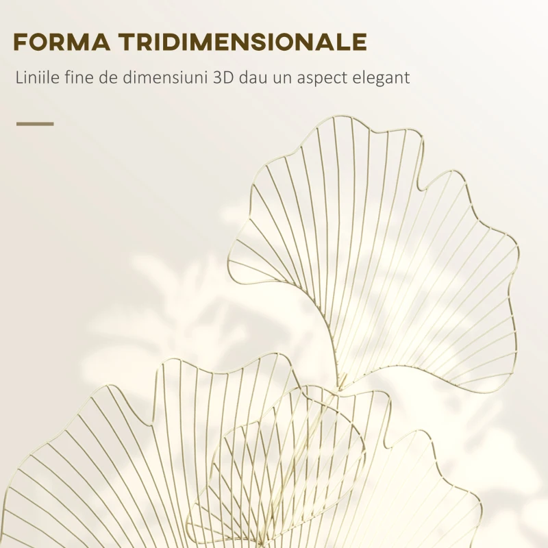 HOMCOM Decor de perete metalic 3D, frunze de ginkgo, auriu 51 x 94,5 cm